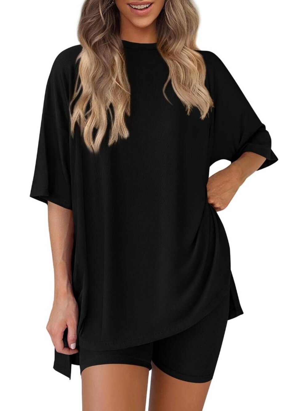 Women's Black Summer 2 Piece Lounge Set Casual Oversized Shirts Biker Shorts